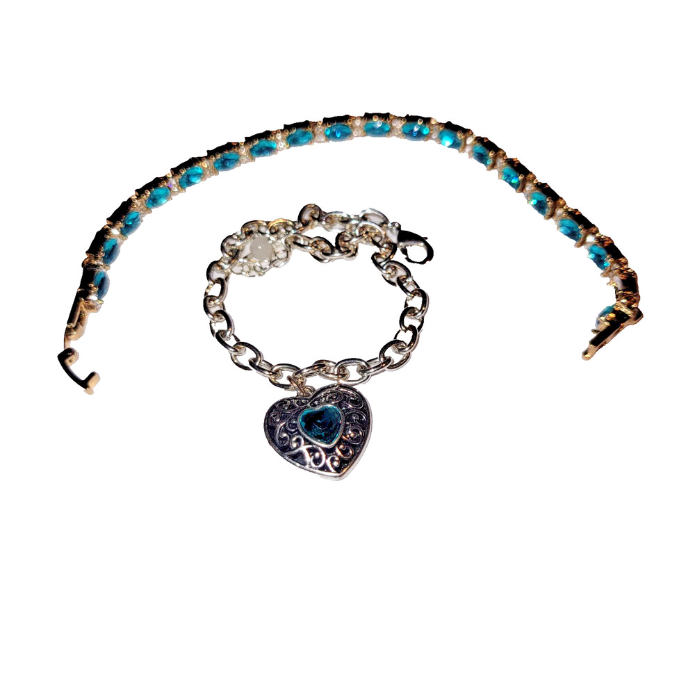 2 Blue Topaz Color Bracelet Set Tennis Heart Charm Something Blue Gift Crystal